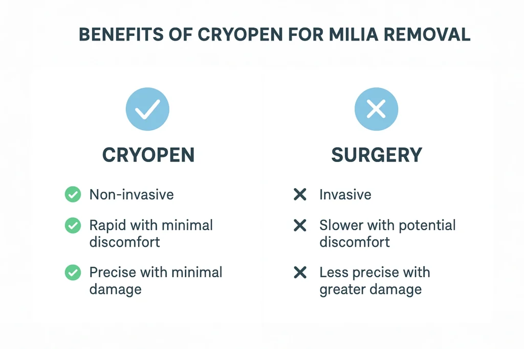 Benefits of cryopen for milia removal Warwick compared to surgical treatments.