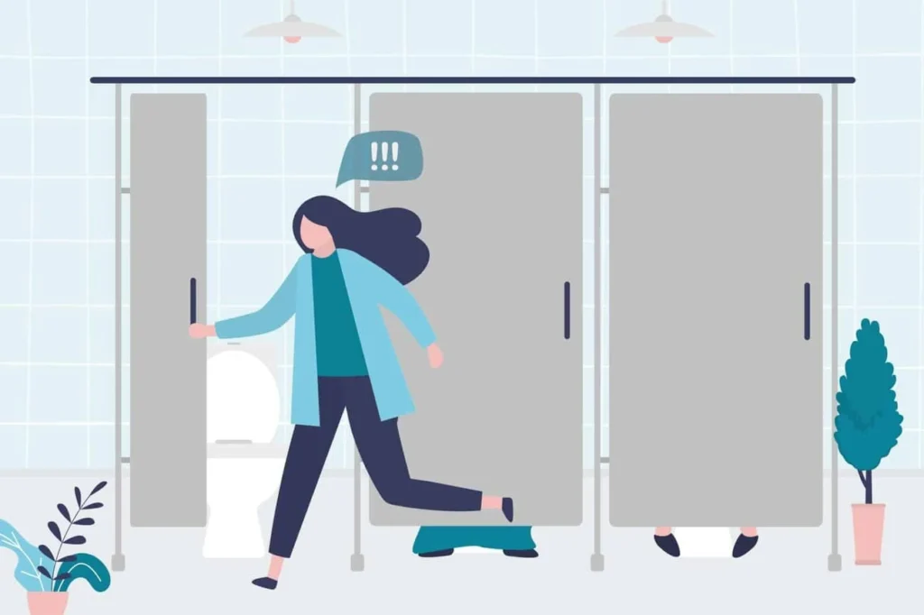 graphic of Urine incontinence Warwick woman running to the toilet.