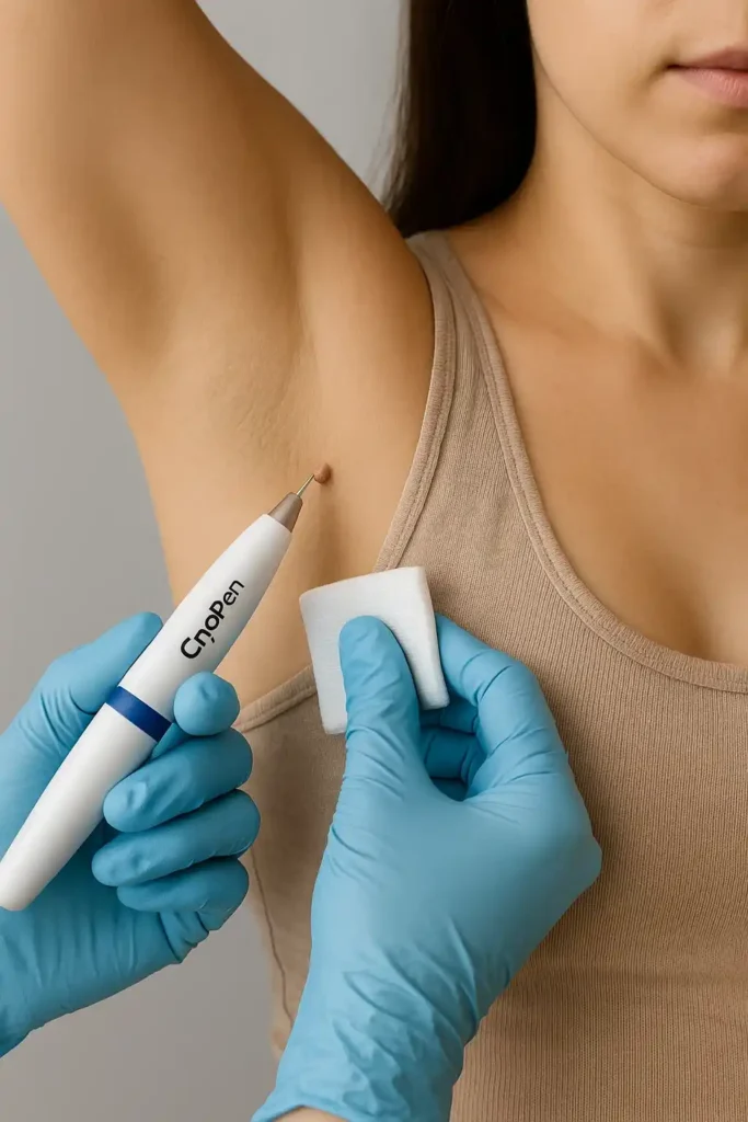 woman having cryopen to remove underarm skin tags Warwick