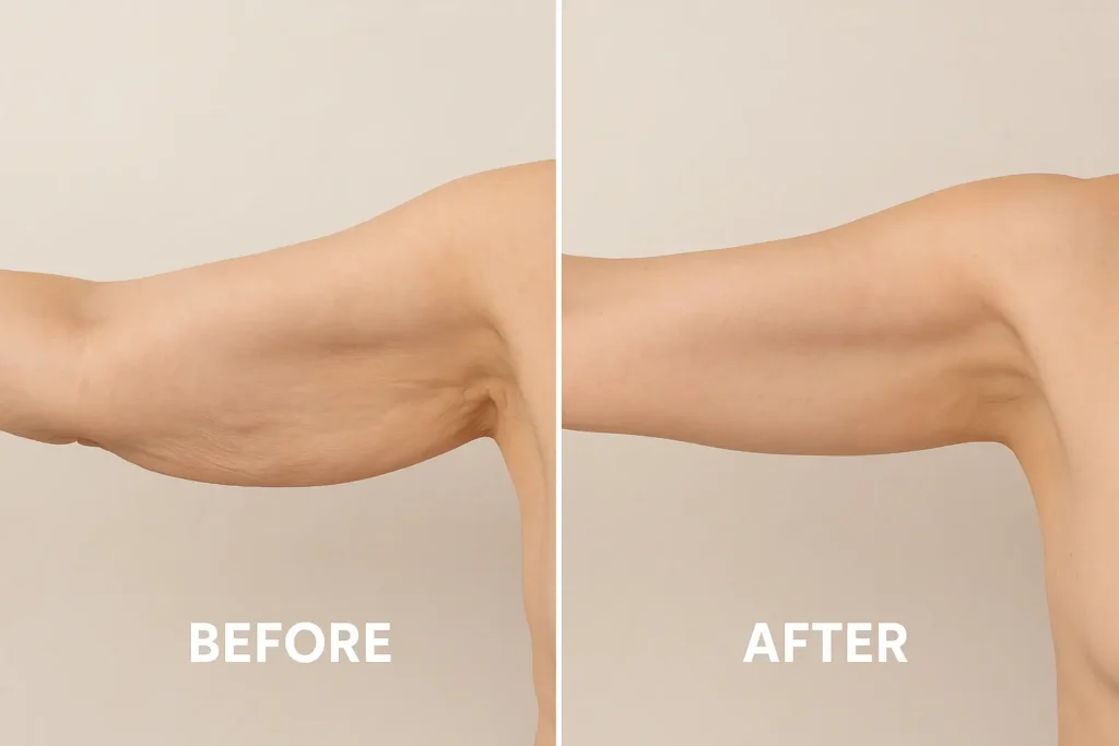 Picture of LA LIPO Warwick before and after results of skin tightening treatment on the upper arms.