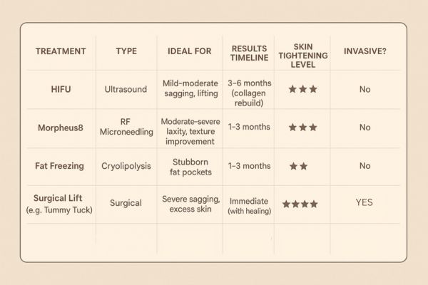 Table showing the comparisons of Skin tightening Warwick treatment options.